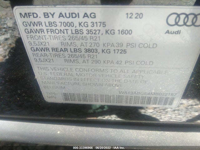 2021 Audi e-tron, VIN: WA13ABGE4MB022157