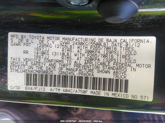 2012 TOYOTA TACOMA VIN: 3TMLU4EN4CM090025