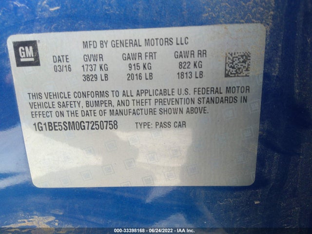 Chevrolet CRUZE LT 2016 1G1BE5SM0G7250758 Image 10
