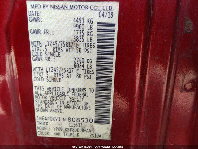 2018 Nissan NV, VIN: 1N6AF0KY3JN808530