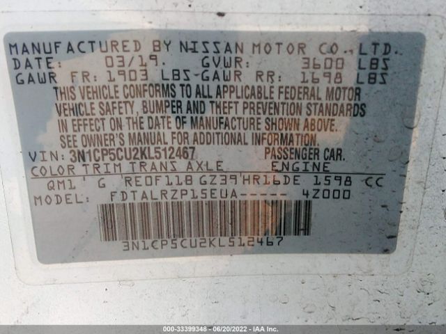 3N1CP5CU2KL512467 Nissan KICKS S