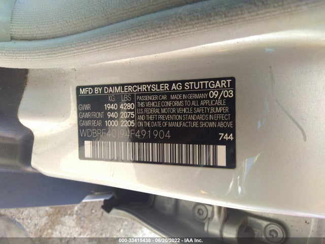 2004 MERCEDES-BENZ C-CLASS 1.8L VIN: WDBRF40J94F491904