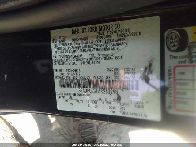 2010 FORD FUSION HYBRID VIN: 3FADP0L31AR263298
