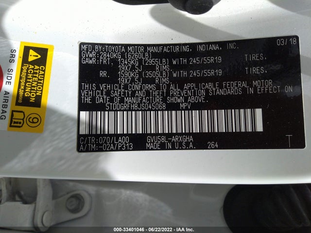 2018 Toyota Highlander, VIN: 5TDDGRFH8JS045068
