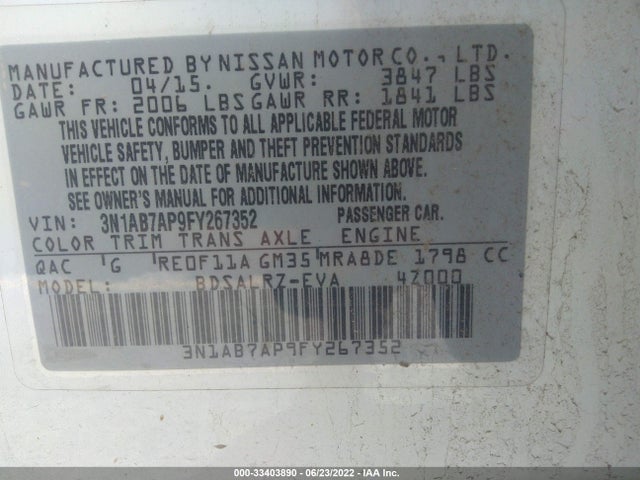 2015 NISSAN SENTRA SR VIN: 3N1AB7AP9FY267352