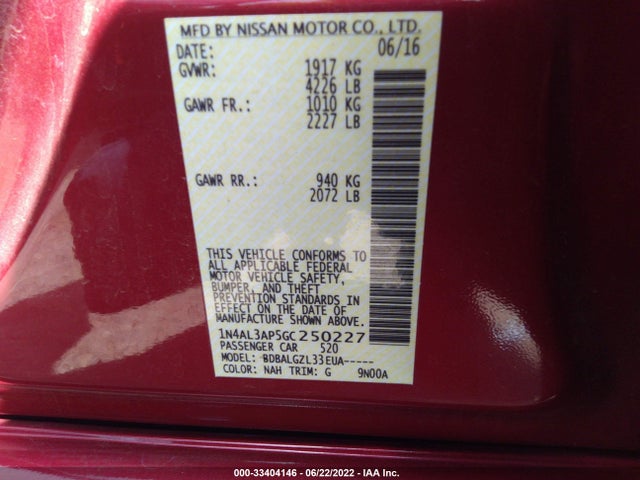 2016 NISSAN ALTIMA 2.5 VIN: 1N4AL3AP5GC250227