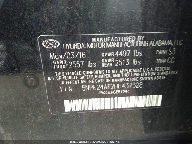 2017 HYUNDAI SONATA SE VIN: 5NPE24AF2HH437328