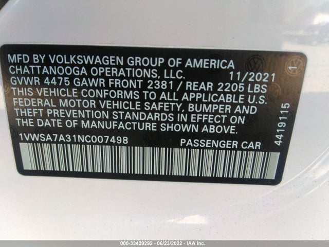 2022 Volkswagen Passat, VIN: 1VWSA7A31NC007498