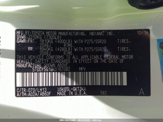 2019 Toyota Sequoia, VIN: 5TDDY5G18KS167082