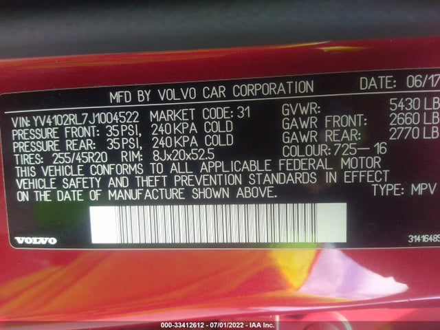 2018 Volvo XC60, VIN: YV4102RL7J1004522