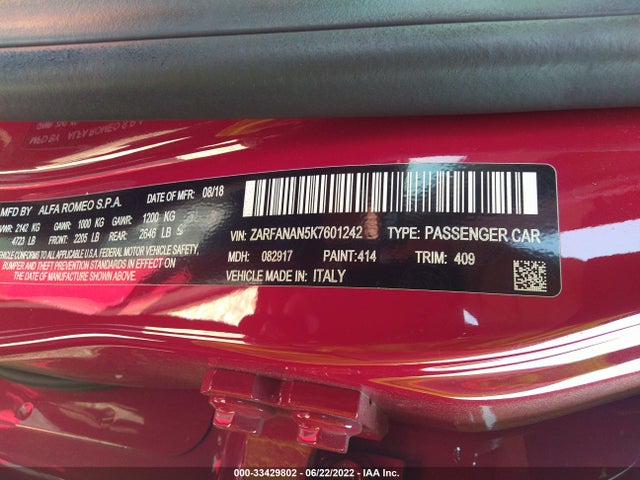 2019 Alfa Romeo Giulia, VIN: ZARFANAN5K7601242