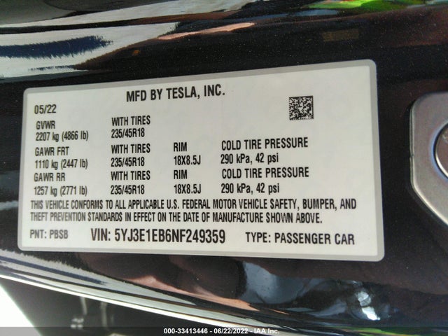 Tesla Model 3 Long Range 2022 5YJ3E1EB6NF249359 Image 10
