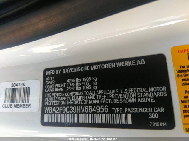 2017 BMW 2 Series, VIN: WBA2F9C39HV664956