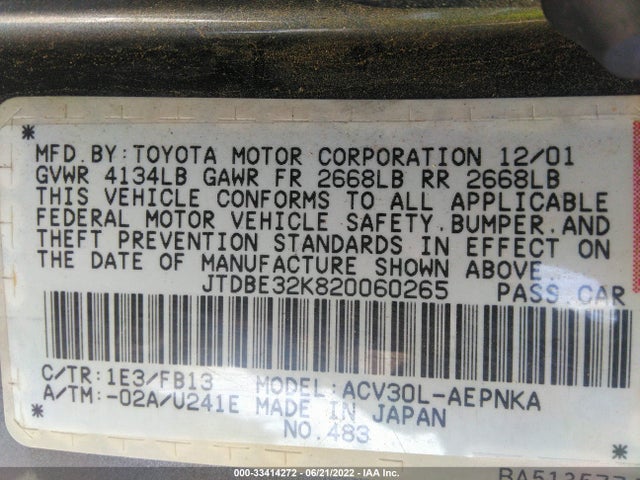 2002 TOYOTA CAMRY LE/SE/XLE VIN: JTDBE32K820060265