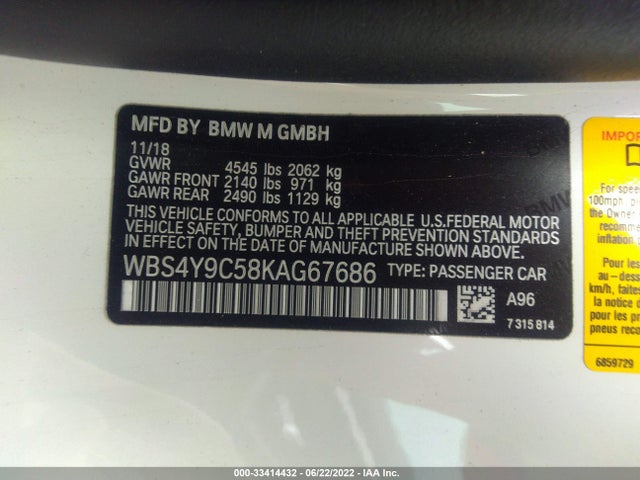 2019 BMW M4, VIN: WBS4Y9C58KAG67686