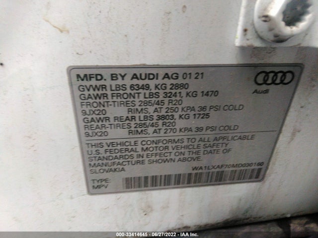 2021 Audi Q7, VIN: WA1LXAF70MD030160