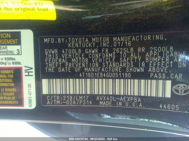 2016 Toyota Avalon, VIN: 4T1BD1EB4GU051190