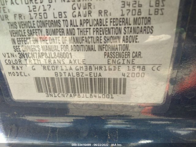 3N1CN7AP8JL846001 Nissan Versa Sedan Sv