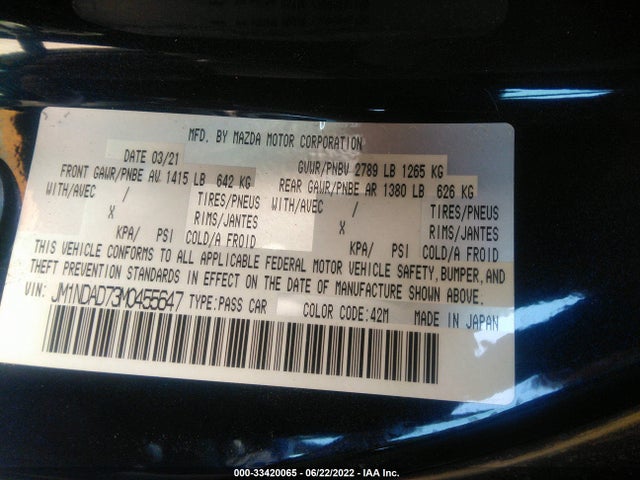 2021 Mazda MX-5 Miata, VIN: JM1NDAD73M0455647