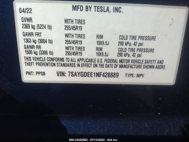 Tesla Model Y 2022 7SAYGDEE1NF428889 Image 9