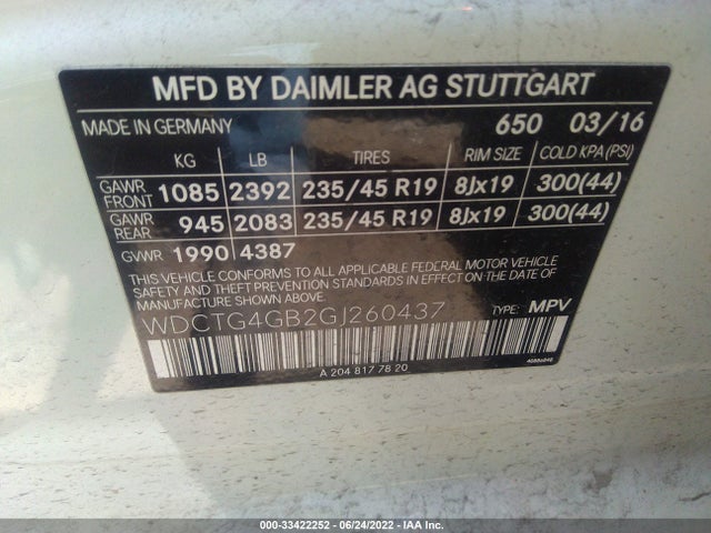 2016 Mercedes-Benz GLA-Class, VIN: WDCTG4GB2GJ260437