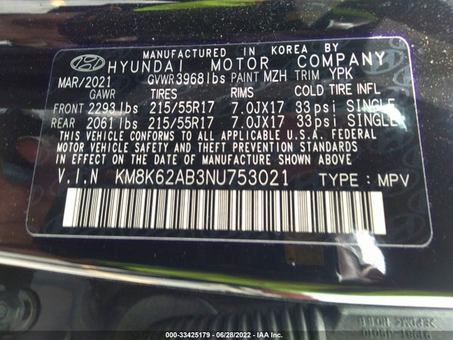 2022 Hyundai Kona, VIN: KM8K62AB3NU753021