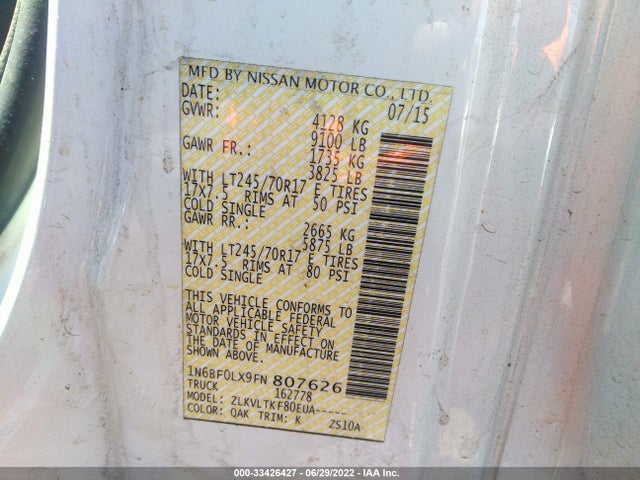 2015 Nissan NV, VIN: 1N6BF0LX9FN807626