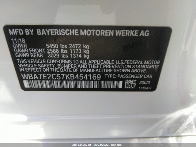 2019 BMW 7 Series, VIN: WBA7E2C57KB454169