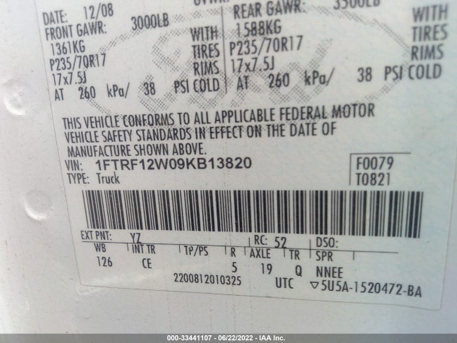 2009 FORD F-150 XL/STX/XLT/XL W VIN: 1FTRF12W09KB13820