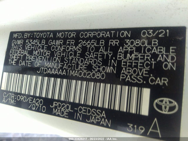 2021 Toyota Mirai, VIN: JTDAAAAA1MA002080