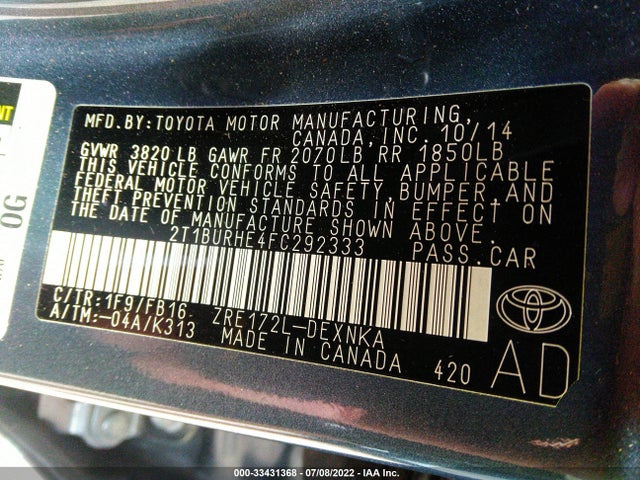 2015 TOYOTA COROLLA L/LE/S/S PLUS/LE PLUS VIN: 2T1BURHE4FC292333