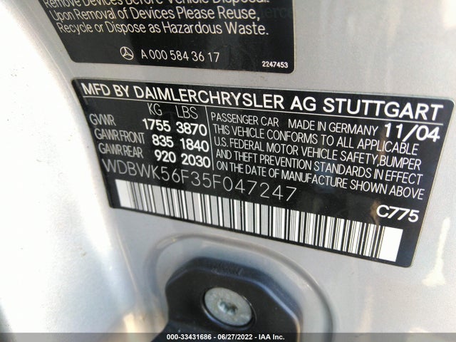 2005 MERCEDES-BENZ SLK-CLASS VIN: WDBWK56F35F047247
