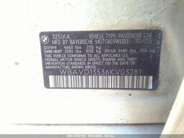 2006 BMW 3 SERIES 325XI VIN: WBAVD13536KV03281