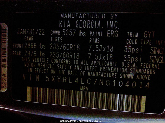 2022 Kia Sorento, VIN: 5XYRL4LC7NG104014