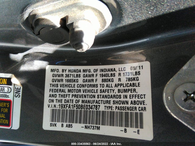 2011 HONDA CIVIC SDN LX VIN: 19XFA1F50BE034787