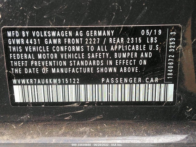 2019 Volkswagen Golf, VIN: WVWKR7AU6KW915122