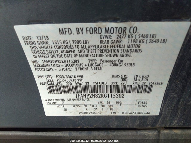 2019 Ford Taurus, VIN: 1FAHP2H82KG115302