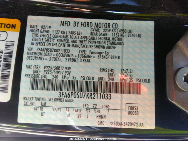 2019 Ford Fusion, VIN: 3FA6P0SU7KR211033