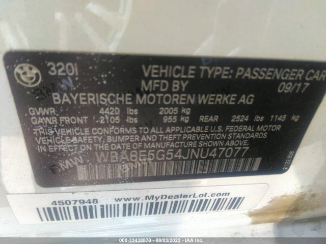 BMW 3 Series 320i Xdrive 2018 WBA8E5G54JNU47077 Image 9