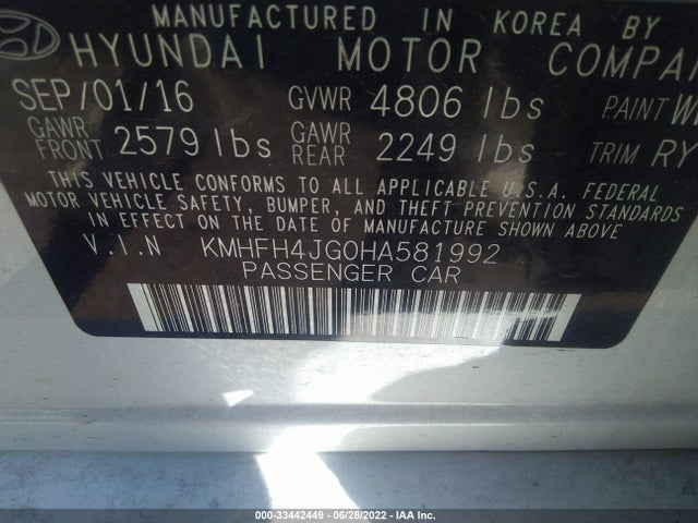 2017 Hyundai Azera, VIN: KMHFH4JG0HA581992