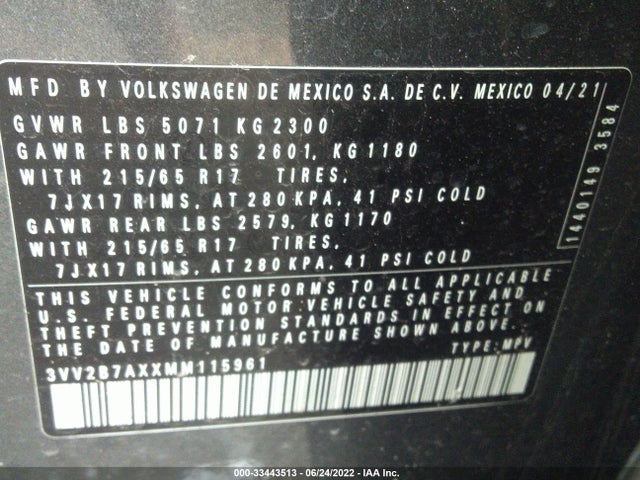 2021 Volkswagen Tiguan, VIN: 3VV2B7AXXMM115961