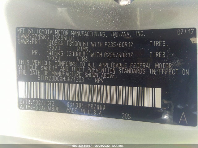 2017 TOYOTA SIENNA XLE AUTO ACCESS VIN: 5TDYZ3DCXHS874203