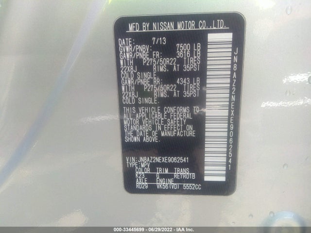 Aukcja sprzedaży 2014 Infiniti Qx80, vin: JN8AZ2NEXE9062541, numer aukcji: 33445699