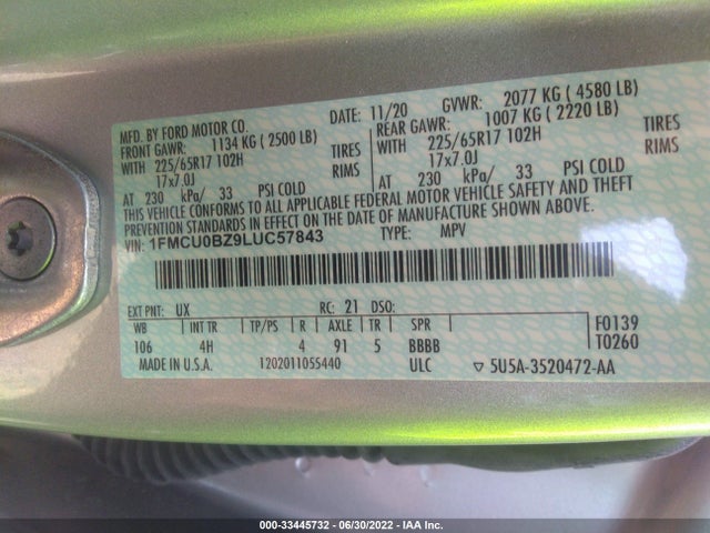 2020 Ford Escape, VIN: 1FMCU0BZ9LUC57843