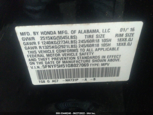 Honda Pilot Ex-l 2016 5FNYF5H51GB027069 Image 9