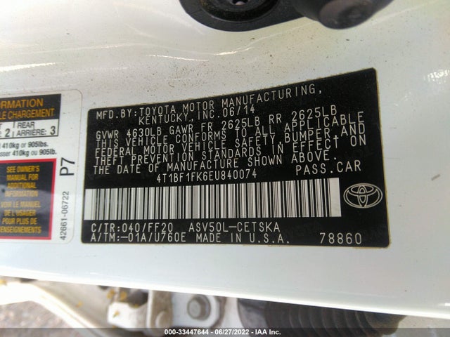 2014 TOYOTA CAMRY L/LE/XLE/SE/SE SPORT VIN: 4T1BF1FK6EU840074