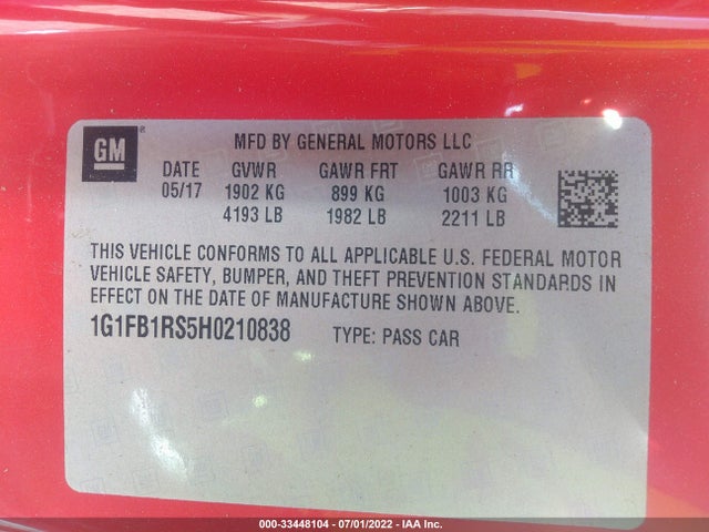 Chevrolet Camaro 1lt 2017 1G1FB1RS5H0210838 Image 11