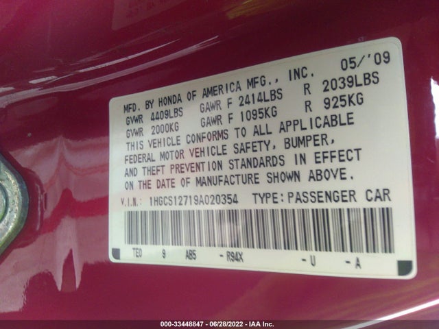 2009 HONDA ACCORD CPE EX VIN: 1HGCS12719A020354