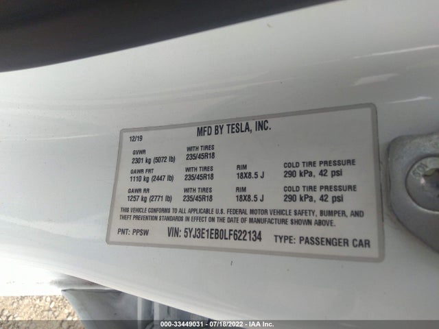 Tesla Model 3 Long Range 2020 5YJ3E1EB0LF622134 Image 9