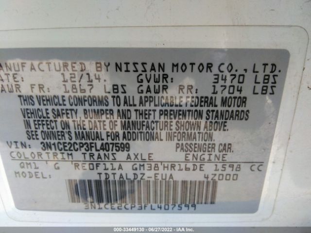 3N1CE2CP3FL407599 Nissan Versa Note S/s Plus/sv/sr/sl